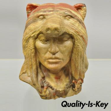 Vtg Native American Indian Chief Bear Head Bust Statue Swirl Layered Clay Resin