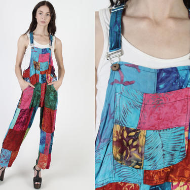 90s Patchwork Jumpsuit With Pockets / Ethnic Grunge Overalls / Vintage 90s Colorful Coveralls / Rainbow Batik Maxi Pant Suit Playsuit 