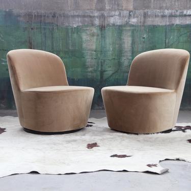 INCREDIBLE 80's Beige Velour Post Modern Upholstered Sculptural Bucket Swivel Lounge Chair Postmodern MCM (Pair Avail, sold Individually) 