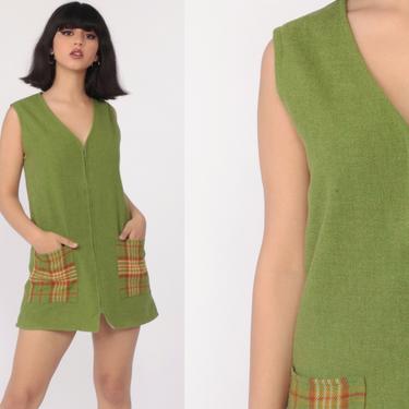 Green Wool Dress 70s Mod Micro Mini Jumper Checkered Print Pockets Pinafore Zip Up V Neck 1970s Shift Sleeveless Vintage Small 