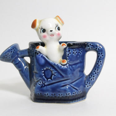Vintage Kitsch Dog In Watering Can Planter, Water Can 