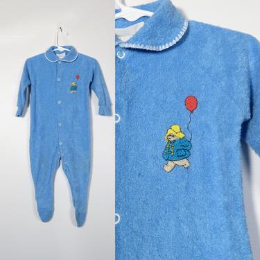 Vintage 80s Kids Paddington Bear Terry Cloth Peter Pan Collar Footsie Pajamas With No Slip Grip Feet Size 18M 