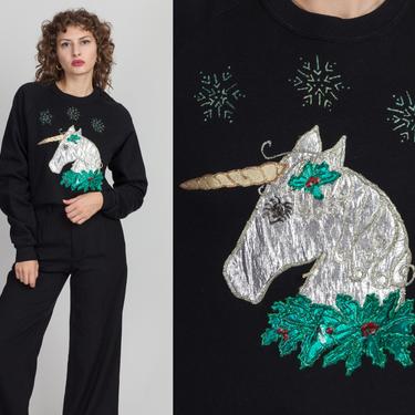 80s 90s Christmas Unicorn Sweatshirt - Large | Vintage Black Cute Animal Raglan Sleeve Graphic Pullover 