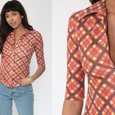 Y2K Blouse Golf Punk Girl Top Checkered Button Up Shirt 00s Plaid Print Shirt Half Sleeve Vintage Fitted Plain Collared 90s Extra Small xs 