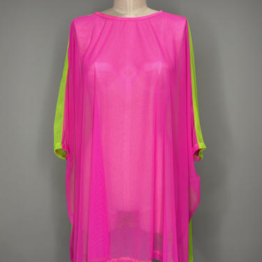 Pink Green Mesh Kaftan-Color Block-One Size Fits All-Swimsuit Coverup-Beach Coverup-Oversized Top-Pink Dress-Plus Size-Sheer Coverup 