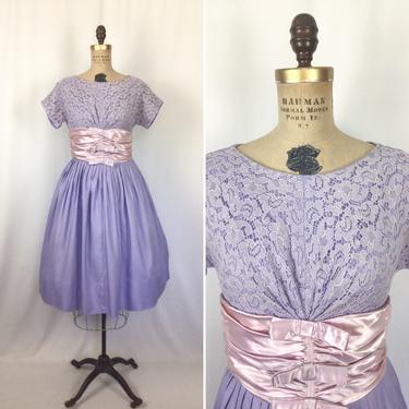 Vintage 50s dress | Vintage lavender lace cotton satin fit and flare dress | 1950s purple cocktail party dress 
