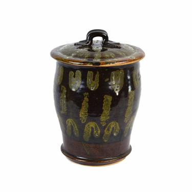 Vintage 1983 Modern Studio Pottery Brown Abstract Lidded Jar Crock 