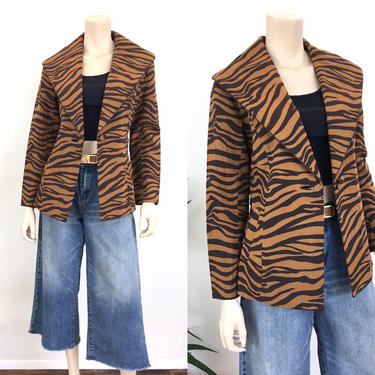 Vintage Brown Zebra Animal Print Shawl Collar Jacket 