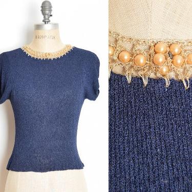 vintage 40s sweater top navy blue boucle pearls beaded jumper blouse shirt XS S 