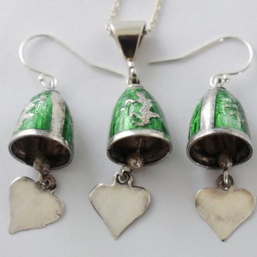 60's Siam sterling green enamel Mekhala bell earrings & pendant, unusual 925 silver lightning goddess jingling jewelry set 