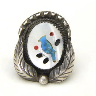 Vintage Zuni Inlay Bird Ring Signed Mother of Pearl Turquoise Coral Sterling 5.5 