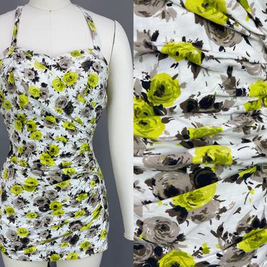 1950s CATALINA Rose Print Swimsuit | Vintage 50s Chartreuse and Taupe Floral Print Skirted One Piece Bathing Suit | small 