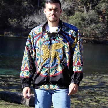 Vintage 1990s Giacca Bomber Jacket, mosaic print polyester, zip front, Large Mens 