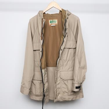vintage 1970s 80s REI brand Seattle, Washington oxford two tone rain PARKA hoodie raincoat vintage coat -- men's size medium 