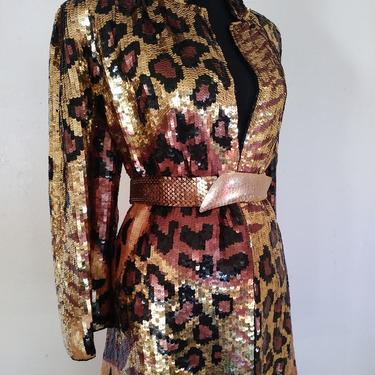 1980's VINTAGE Gold Sequin DUSTER Cheetah print Jacket heavily embellished couture coat, gold sequin kimono, giraffe animal print jack s m l 
