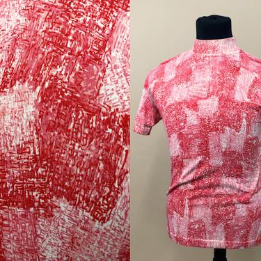 Vintage 1960s Unisex Red Mod Mock Neck Shirt, 60s Nylon Shirt, Vintage Darlene, Vintage Psychedelic Print, Unisex Vintage, Size Chest 38&quot; by Mo