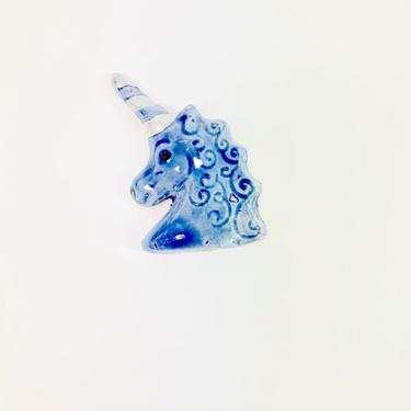 Vintage 80's Blue Ceramic Unicorn Pin 