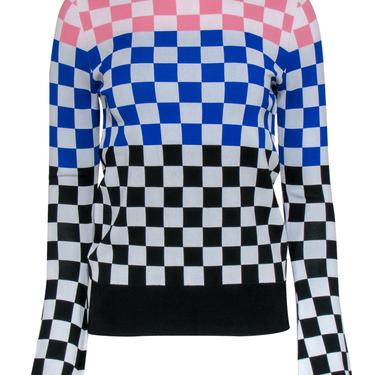 House of Holland - White, Pink, Blue & Black Checkered Mock Neck Knit Top Sz S/M
