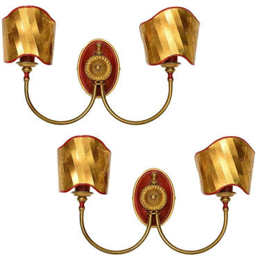 Gio Ponti Style Pair of Italian Wall Sconces with Brass Shield by AMBIANIC