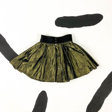 80s Olive Green Taffeta Snap Front Circle Skirt / Small / Punk / New Wave / 1980s / Elastic Waistband / Tutu / Ballerina Skirt / Micro Mini 