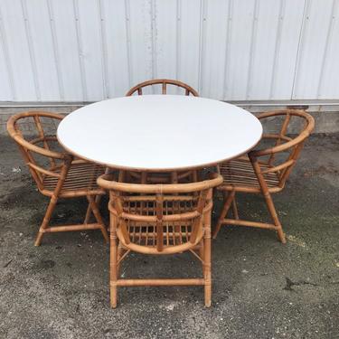 Vintage Boho Bamboo Dining Set- Table With Four Chairs 