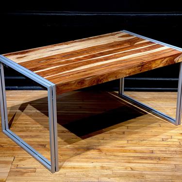 Restored Milo Baughman Style Mid Century Modern Walnut Slab Desk - Vintage Minimalist Industrial Wood and Metal Writing Table Computer Desk 