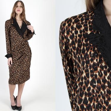 Vintage 80s Leopard Print Dress Black Silk Menswear Lapel Collar Dress 1980s Wrap Bodice Knee Length Long Sleeve Mini Dress 