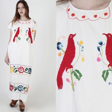 White Embroidered Mexican Dress, Floral Cotton Birds Design, Womens Cotton Beachwear Cover Up 