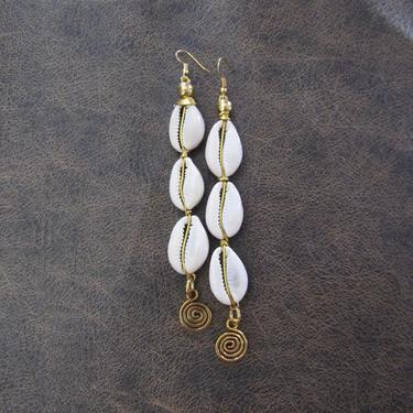 Long cowrie shell earrings, brass gold earrings, Afrocentric African earrings, bold statement earrings, vortex spiral earrings 