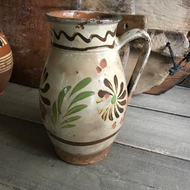 French Floral Stoneware Pitcher, Hand Painted Pottery Jug, Water, Wine, Vase, Rustic Farmhouse, Farm Table, Cuisine, Early 19th C Redware 