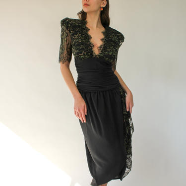 Vintage 80s Casadei Black Evening Dress with Broad Shoulders and Metallic Floral Lace | Made in USA | 1980s Designer Cocktail, Party Dress by TheVault1969