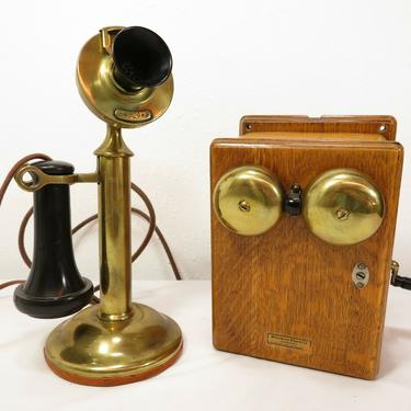Antique WESTERN ELECTRIC CANDLESTICK TELEPHONE &amp; OAK RINGER BOX Desk Stand Phone