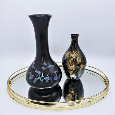 Pair of Vintage Bud Vases | Single Stem Metal Vase | Asian Style Black Clay &amp; Opal Inlay Birds | Flower Vessel 