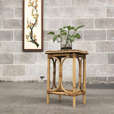 Vintage Rattan Table Retro 1960s Small Sized Bent Rattan + Wicker Wrapping Detail + Indoor  + Outdoor + Plant Stand Table + Boho Home Decor 