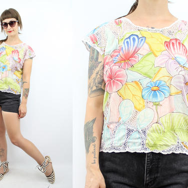 Vintage 80s 90's FLoral and Butterfly Cutwork Blouse / 1990's Summer Blouse / Colorful Cutwork Top / Women's Size Small - Medium by Ru