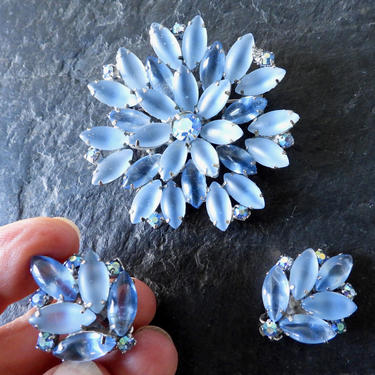 Blue Open Set Poured Glass Brooch and Earrings 