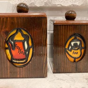 One Pair of Vintage Wood Coffee and Tea Stain Glass Container, Antique Kitchen Coffee and Tea Stand Storage by LeChalet
