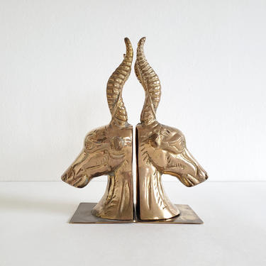 Large Vintage Brass Impala Bookends, Matching Pair of Art Deco Antelope Busts, Midcentury Sculpture, Shelf Decor 