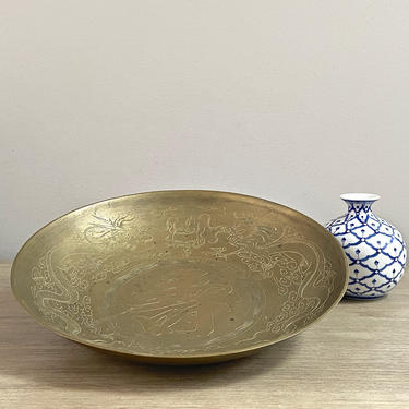Vintage Chinese Brass Shallow Bowl 13&amp;quot; Diameter Older Heavy Brass Lucky Fu Etched Dragon Motif 