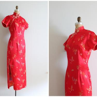 red satin brocade cheongsam - wiggle dress / Solz Squirrel - vintage Chinese red satin dress / holiday party dress - Christmas dress 