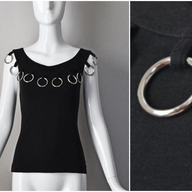 vtg 90s Yoshi black scoop neck spandex top w/ metal ring detail | Y2K 2000s 1990s | size Medium M | rave festival shirt 