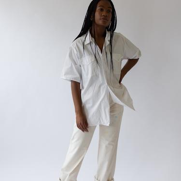 Vintage White Short Sleeve Shirt | Flap Pocket Simple Blouse | Cotton Work Shirt 