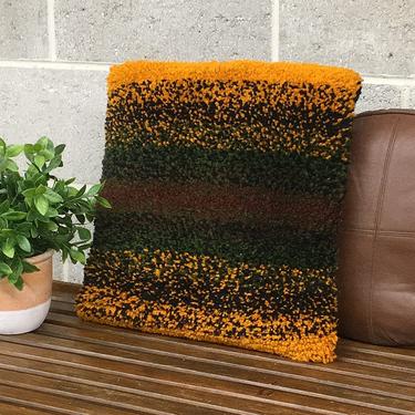 Vintage Pillow 1970s Retro Size Latch Hook + Handmade + Knit + Black + Yellow + Brown + Green + Square + Throw Pillow + MCM + Home Decor 