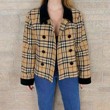 Mod Wool Knit Plaid Double Breasted Plaid Coat 