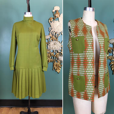 1970s 2 piece set, dress and vest, vintage 70s dress, drop waist dress, olive green polyester, size large, mod outfit, pleated skirt, retro 