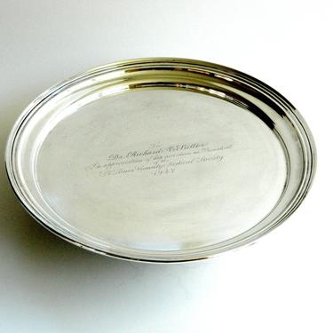 Sterling silver tray 12&quot; round engraved presentation piece historic Saint St Louis elegant entertaining cocktail vintage barware dated 1947 