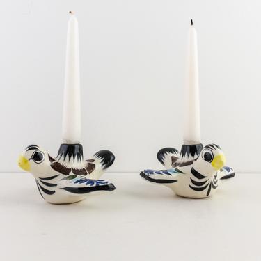 Set of 2 Vintage Mexican Tonala Bird Candlestick Holders, Hand Painted Ceramic Mexican Folk Art Pottery 