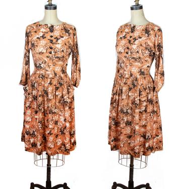 1940s Dress ~ Countryside Novelty Print on Beige Rayon Dress 