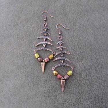 Hammered copper earrings, long industrial earrings, modern exotic earrings, bronze metallic earrings, bold statement earrings, artisan 