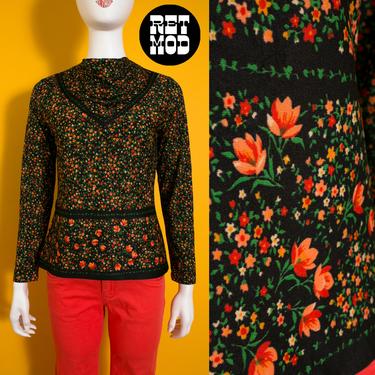 Sweet Vintage 70s Black Long Sleeve Hippie Blouse with Small Red Green Yellow Flower Pattern 